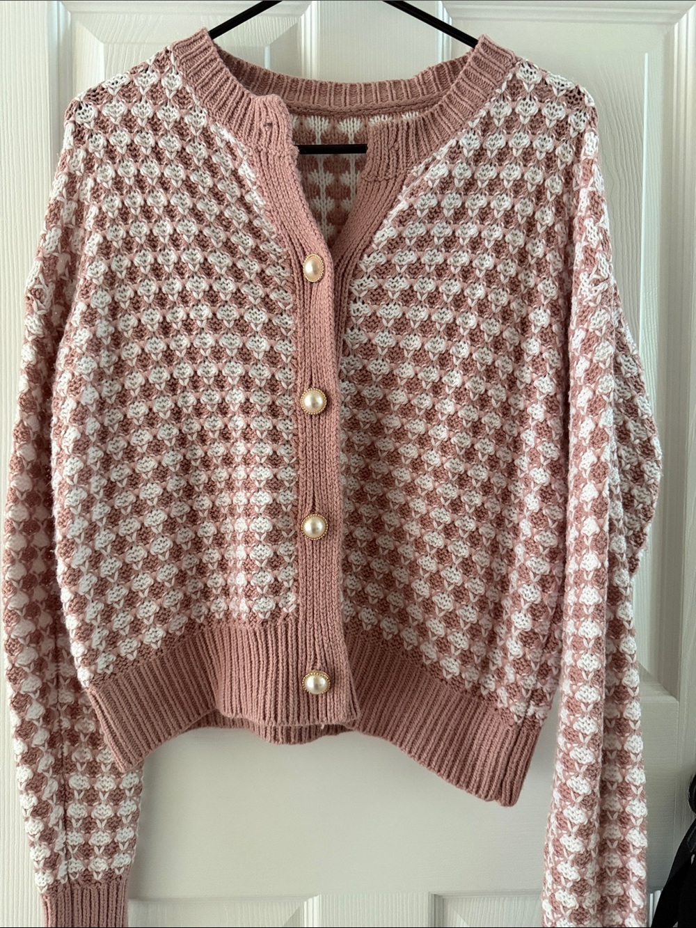 Women's Pink and White Knit Button-Front Cardigan Acrylic Sweater, Size Small
